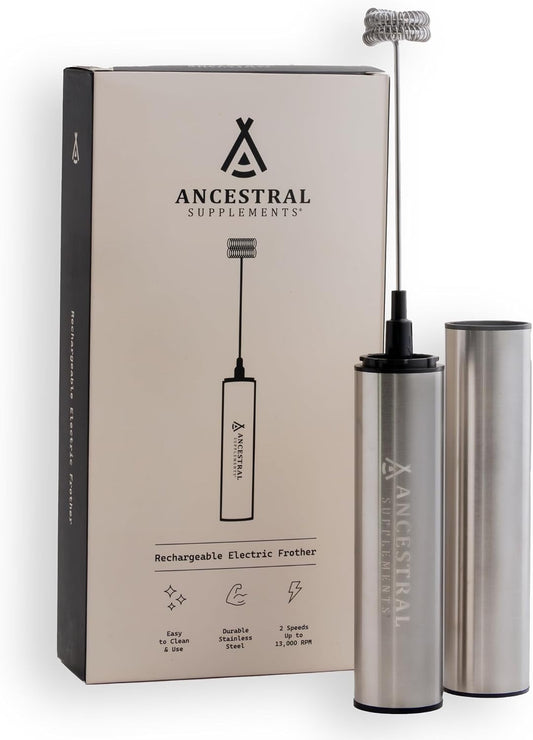 Ancestral Supplements Frother Wand, Rechargeable Electric Hand Mixer, Milk, Coffee, Matcha Latte or Protein Shake Blender, Stainless Steel Handheld Drink Stirrer, Double Whisk, Easy and Fast Frothing