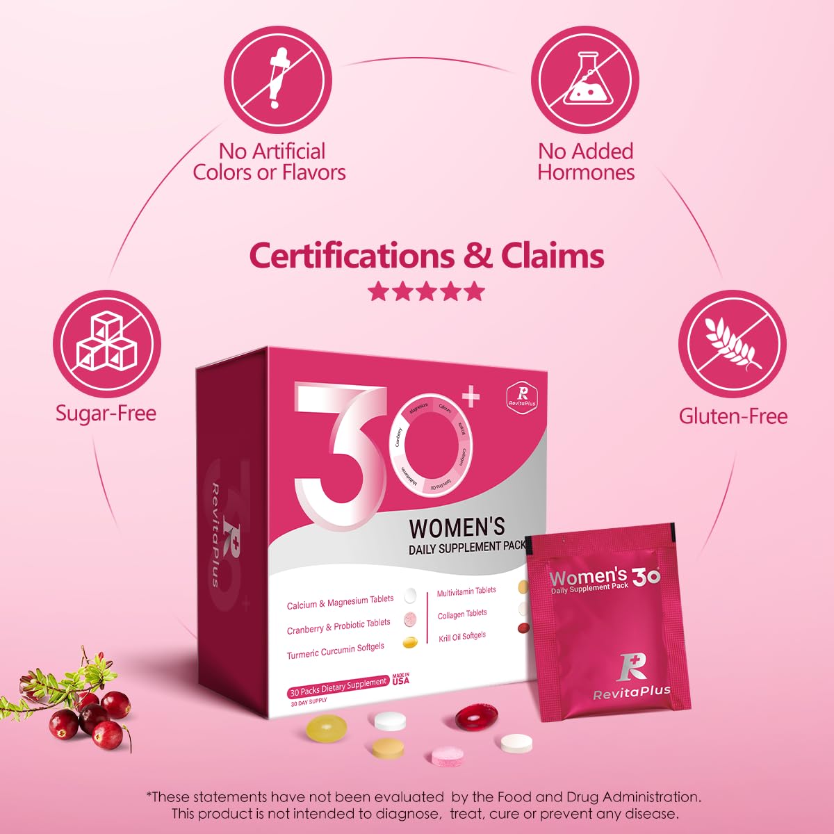 RevitaPlus Multivitamin for Women with Vitamin A,B,C,D3,E,K2,Biotin, Collagen,Krill Oil,Cranberries Supports Energy,Wellness,Beauty and Immune - Vitamin Packs for Women Health 30 Packs RevitaPlus buy australia supplements