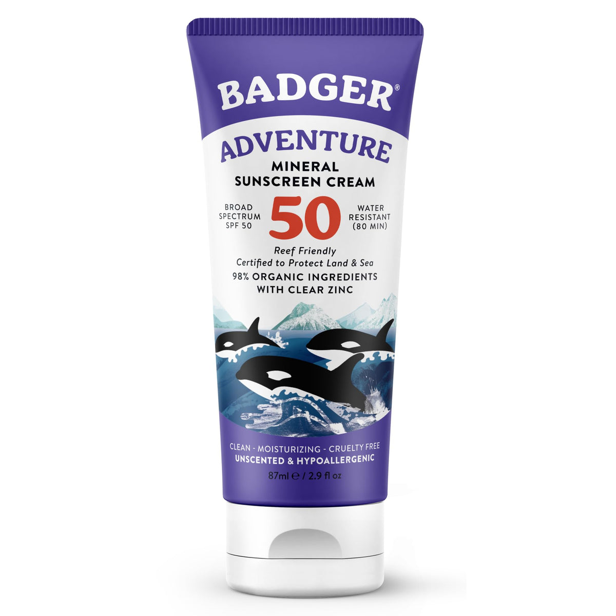 Badger Reef Safe Mineral Sunscreen SPF 50, Zinc Oxide, 2.9 fl oz Badger