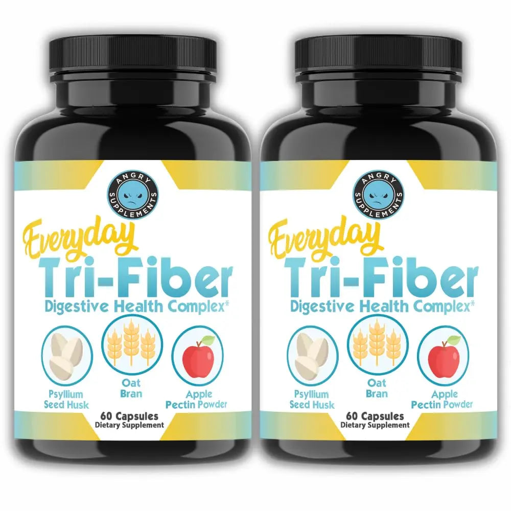 Angry Supplements Tri-Fiber Digestive Health Complex – Psyllium Husk, Oat Bran & Apple Pectin – Prebiotic Fiber for Gut Health & Regularity – 60 Capsules (2-Bottles) Angry Supplements