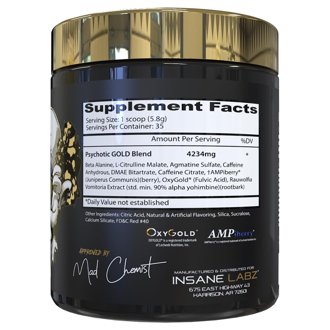Insane Labz Psychotic Gold, High Stimulant Pre Workout Powder, Extreme Lasting Energy Focus, Pumps and Endurance with Beta Alanine, DMAE Bitartrate, NO Booster (35 Servings, Watermelon)