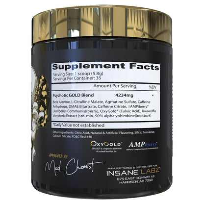 Insane Labz Psychotic Gold, High Stimulant Pre Workout Powder, Extreme Lasting Energy Focus, Pumps and Endurance with Beta Alanine, DMAE Bitartrate, NO Booster (35 Servings, Watermelon)