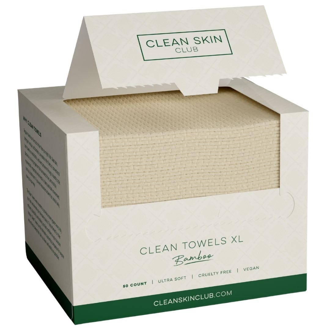 Clean Skin Club Bamboo Viscose Clean Towels® XL 100% USDA Biobased Face Towel, Disposable Face Towelette, Makeup Remover Dry Wipes, Ultra Soft, 50 Ct, 1 Pack CLEAN SKIN CLUB