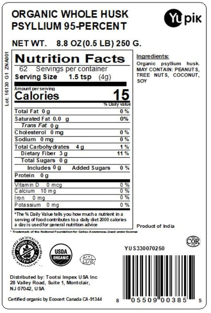 Yupik Organic Whole Husk Psyllium 8.8 Oz, 95% Purity, Soluble Fiber, USDA Certified, Non-GMO, Kosher, Gluten-Free, Sugar-Free & Fat-Free, Unflavored Yupik