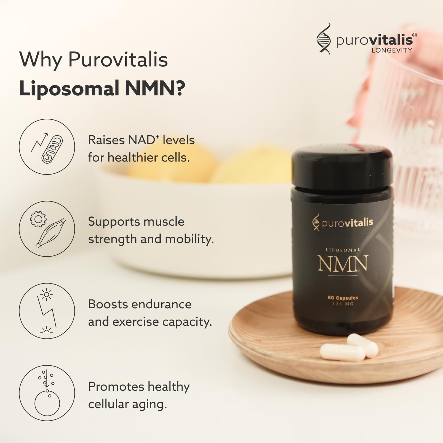 PUROVITALIS Liposomal NMN, 250mg Longevir Nicotinamide Mononucleotide Supplement, NAD+ Boost for Cellular Health, Energy & Healthy Aging, 1-Month Supply (60 Vegan Capsules) PUROVITALIS buy australia supplements