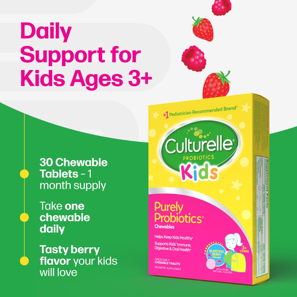 Culturelle Kids Chewable Daily Probiotic for Kids, Ages 3+, 30 Count, #1 Pediatrician-Recommended Brand, Natural Berry Flavored Daily Probiotics Culturelle