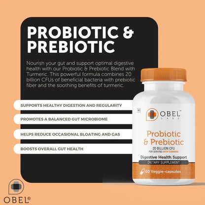 obel Probiotic & Prebiotic Supplement with Turmeric | 20 Billion CFU | 60 Capsules (30 Day Supply) | 4 Strains | Supports Digestion obel