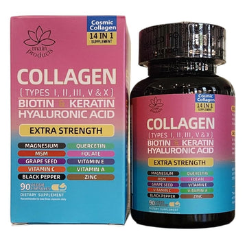 Collagen Peptides Types I, II, III, V & X, 64000 MCG, 14 in 1, Biotin, Keratin, Hyaluronic Acid, Magnesium, MSM, Grape Seed, Vitamin A C & E, Black Pepper, Quercetin, Folate, Zinc (90 Veggie Caps) Main Products buy australia supplements