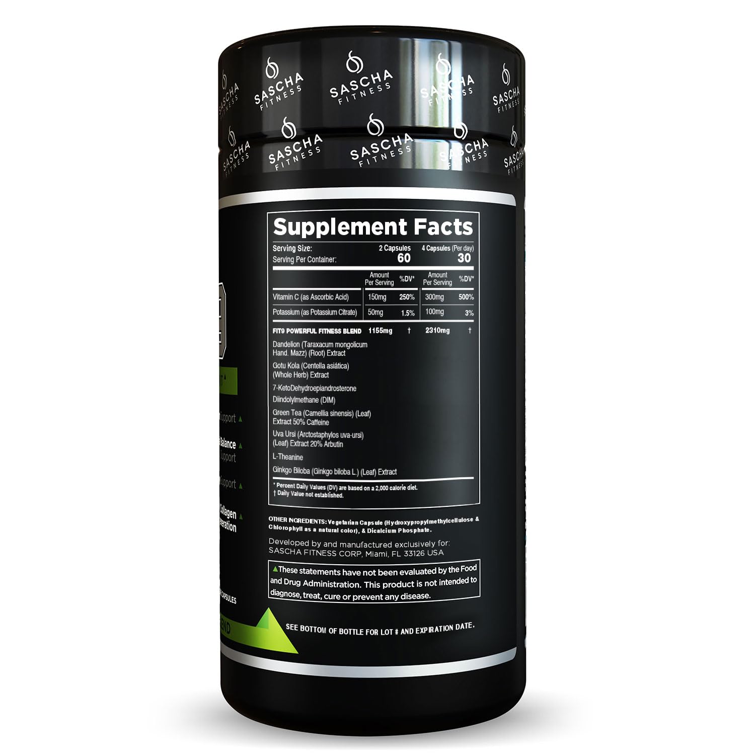 Sascha Fitness Fat Loss pills | Collagen support | Fluid Balance | FIT9 Ingredients: 7Keto + Uva Ursi, Gotu Kola, L-Theanine,Gingko Biloba,DIM,Green Tea | Weight Loss Supplements-Vegan-120 Natural Cap SASCHA FITNESS buy australia supplements