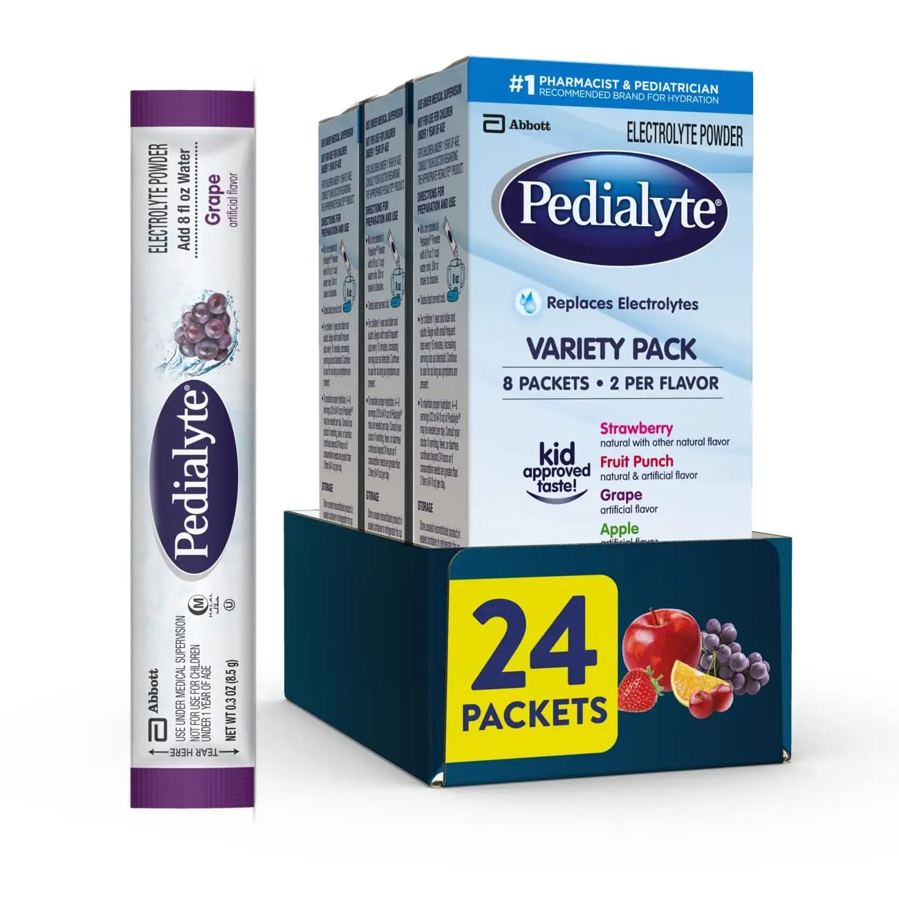 Pedialyte Electrolyte Powder, Hydration Drink for Kids & Adults, Variety Pack: Strawberry, Fruit Punch, Grape, and Apple, 24 Powder Packets Pedialyte