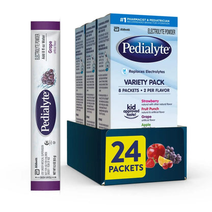 Pedialyte Electrolyte Powder, Hydration Drink for Kids & Adults, Variety Pack: Strawberry, Fruit Punch, Grape, and Apple, 24 Powder Packets Pedialyte