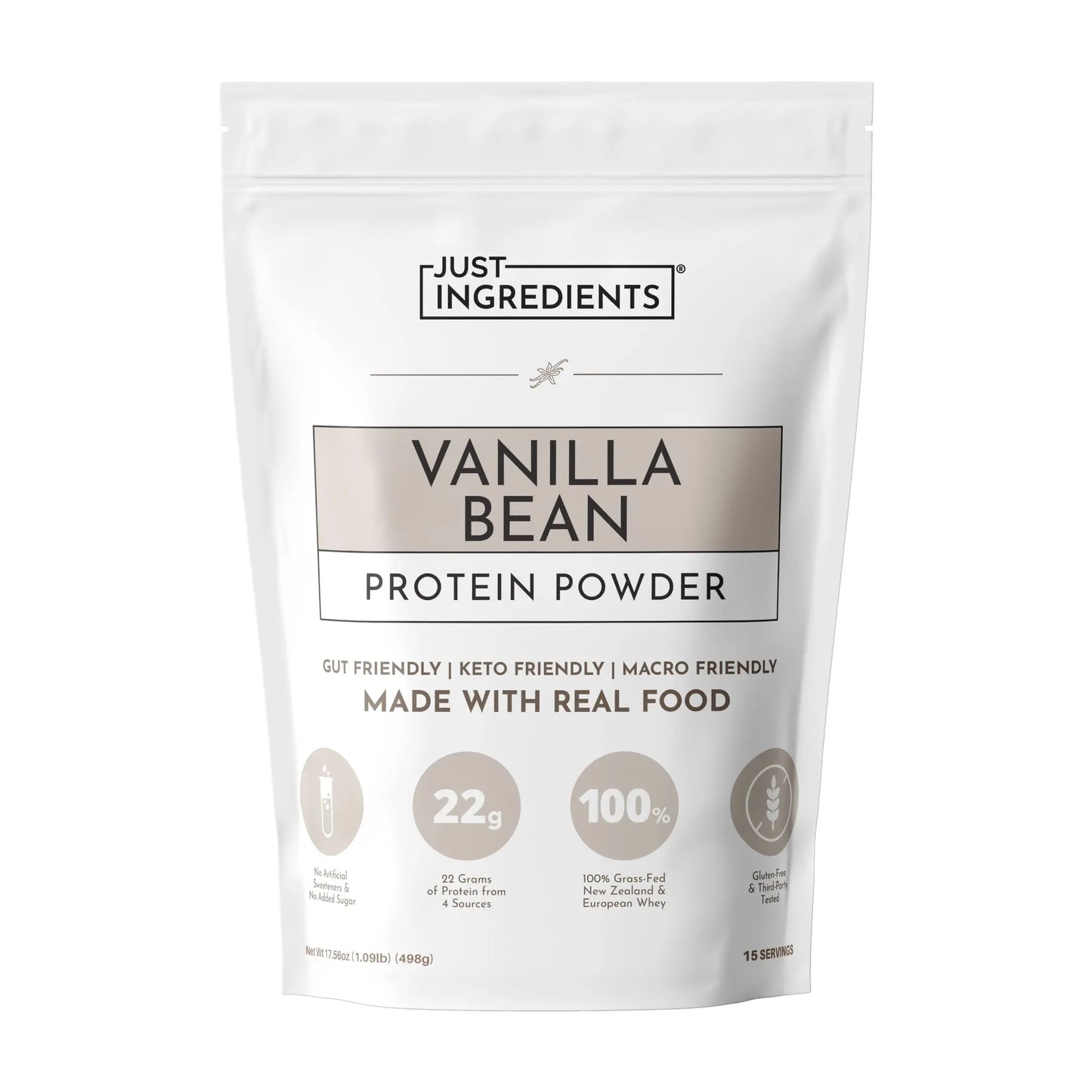 JUST INGREDIENTS Vanilla Protein Powder - Grass-Fed Whey Blend, Organic, Gluten Free, Dairy Free, Soy Free - 15 Servings, 22g Protein JUST INGREDIENTS