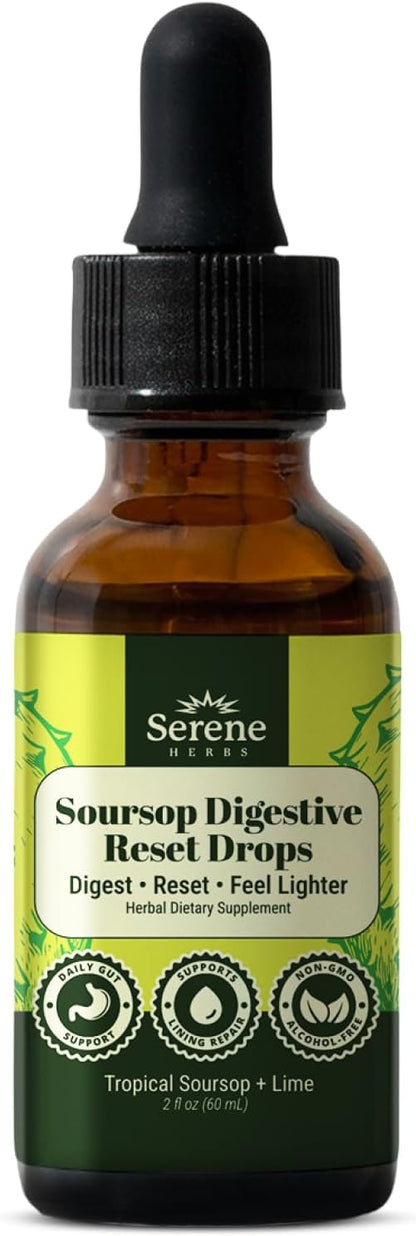 Serene Herbs Soursop Digestive Reset Drops 2 fl oz – Tropical Soursop & Lime Liquid Supplement – Supports Digestion
