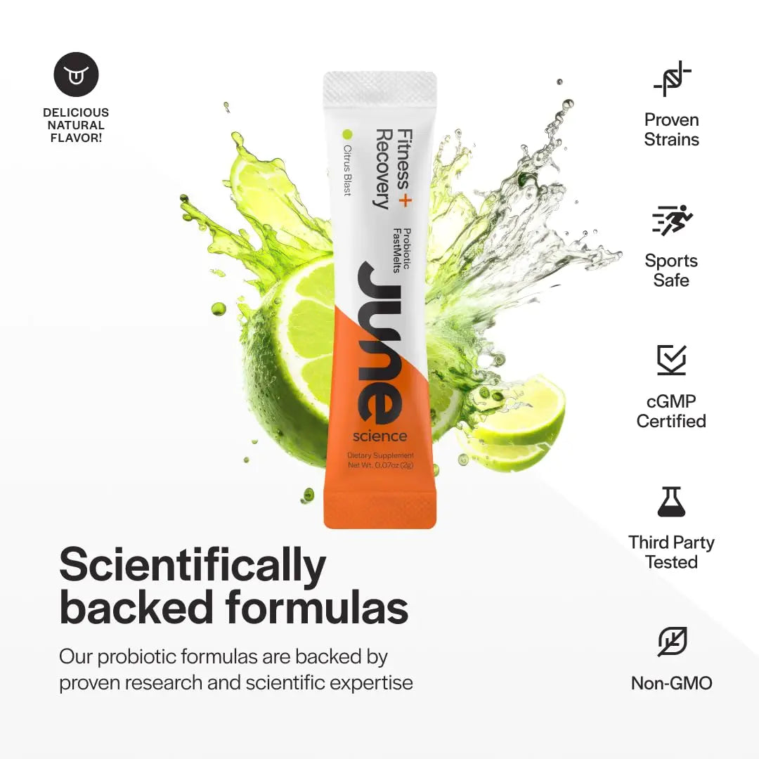June Science Fitness + Recovery | Fast Melt Pre + Probiotic for Muscle Recovery + Training - Citrus Blast Flavor, 30 Powder Sachets June Science