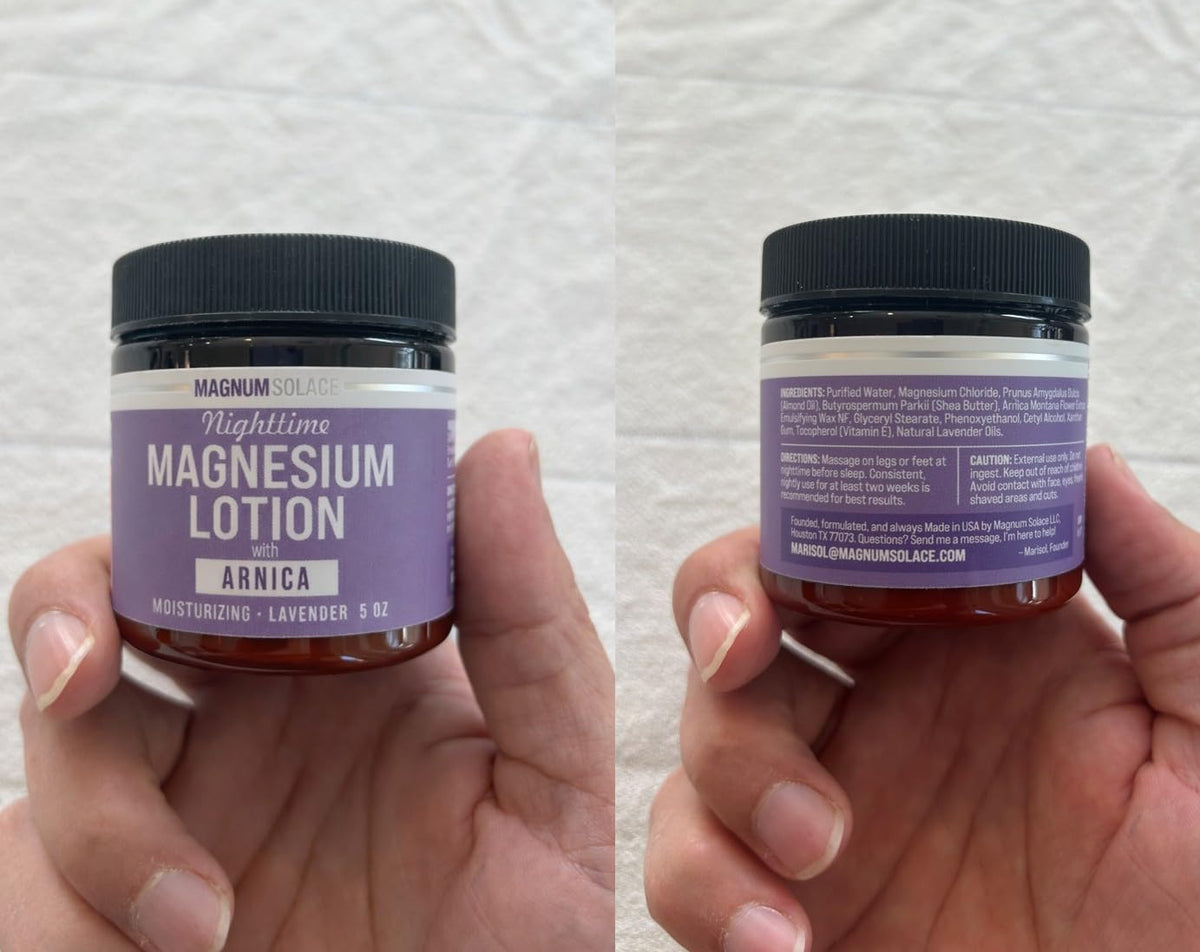Magnum Solace Nighttime Magnesium Lotion with Arnica – Highly Concentrated Magnesium for Muscles & Joints – Apply to Legs or Feet Before Bed – Skin-Friendly Magnum Solace