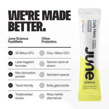 June Science Daily Hero for Men | Fast Melt Pre + Probiotic for Men - Tangerine Flavor, 30 Powder Sachets June Science
