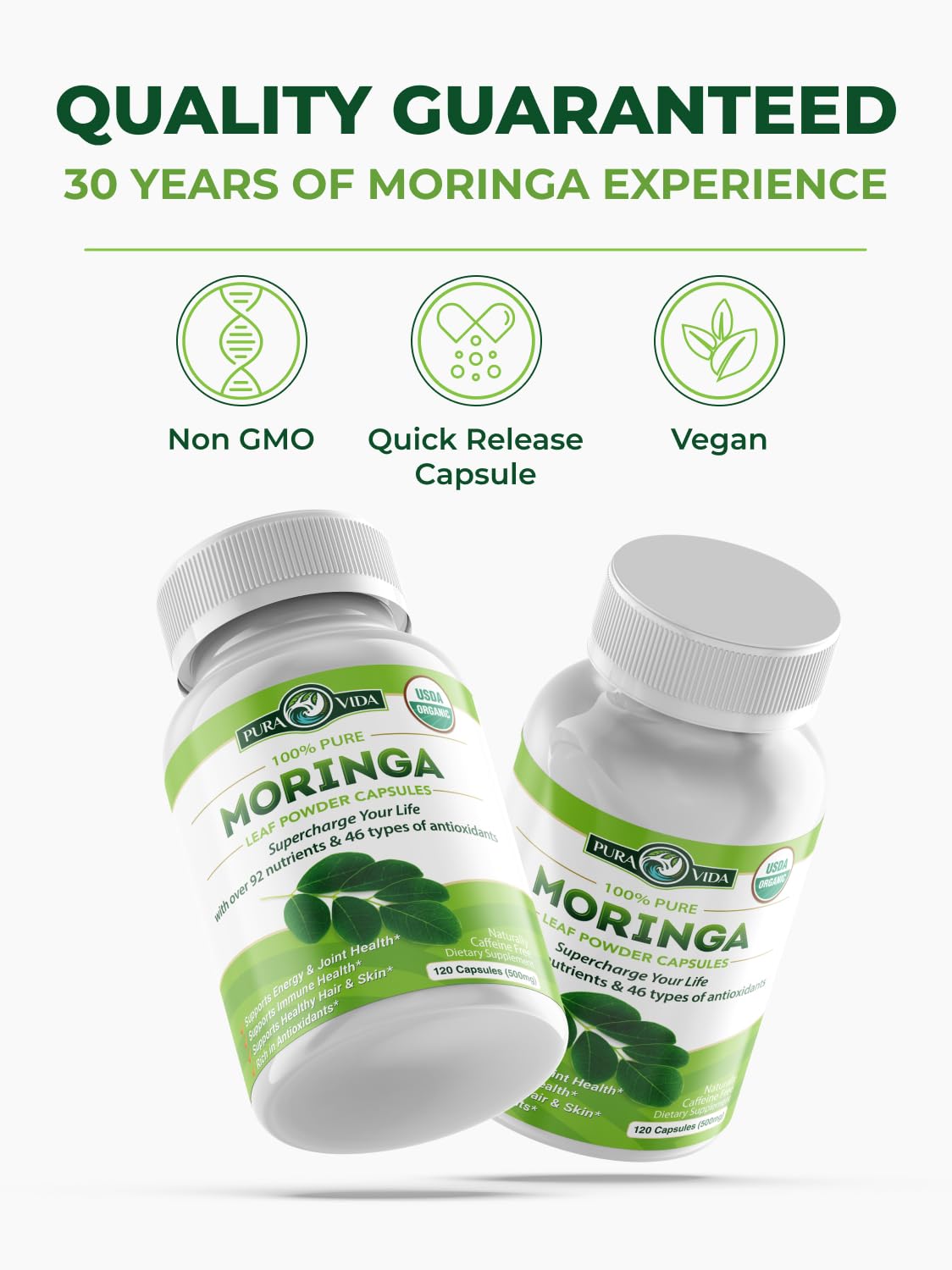 PURA VIDA MORINGA Organic Moringa Capsules, Pure Moringa Leaf Powder Single Origin for Energy, Metabolism & Immune Support Pura Vida Moringa