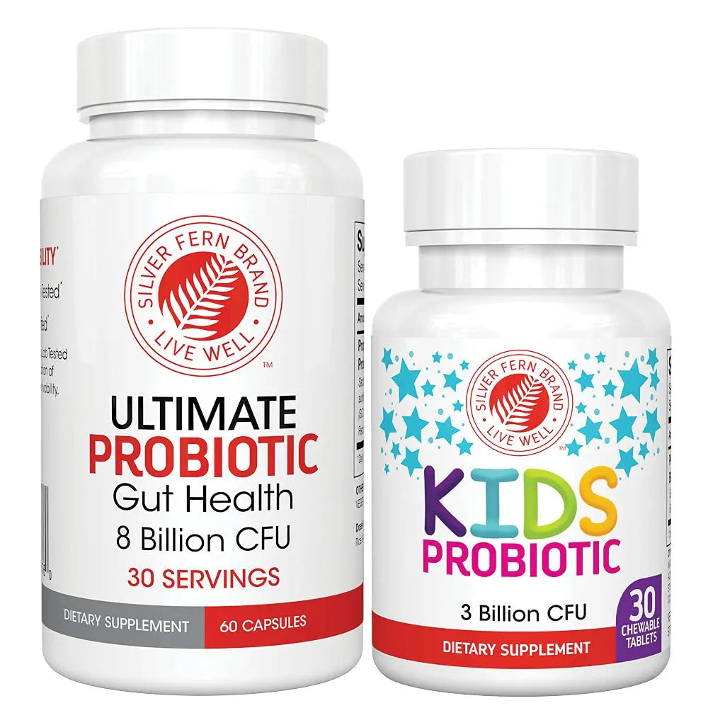 Silver Fern Brand Family Probiotics - Ultimate Adult Probiotic (1 Bottle = 60 Capsules) Plus Ultimate Children's Probiotic for Kids (1 Bottle = 30 Chewables) - Gut Health & Microbiome Support Silver Fern buy australia supplements
