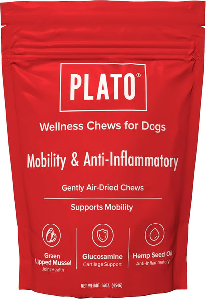 PLATO Pet Treats Air-Dried Wellness Chews for Dogs – Functional Dog Chews – Supports Mobility & Joint Health – Green-Lipped Mussel, Glucosamine & Hemp Seed Oil Recipe 16oz Gsupps Australia