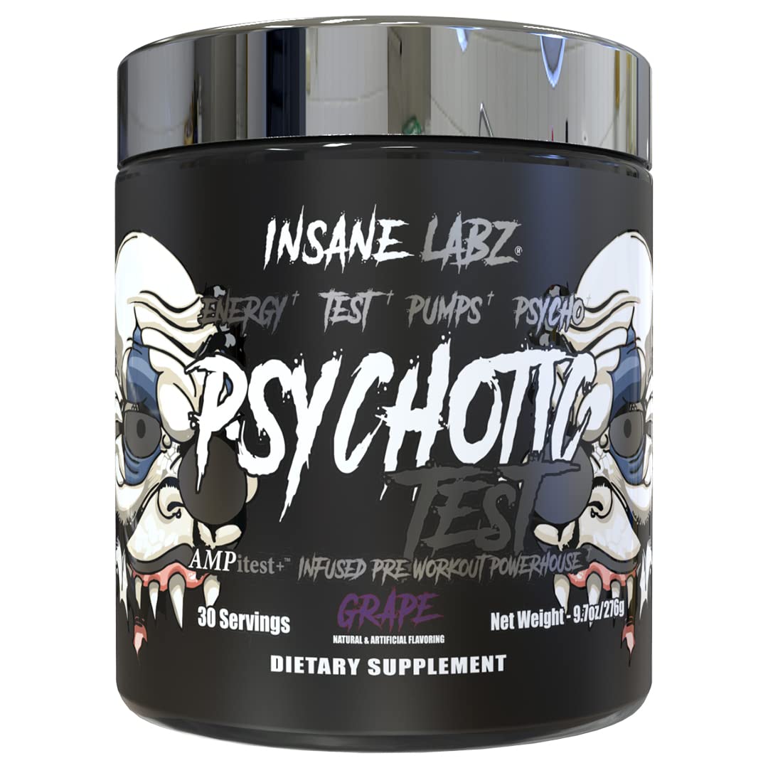 Insane Labz Psychotic Test, High Stim Testosterone Energy and Pump Boosting Pre-Workout Powder with DMAE Bitartrate, D Aspartic Acid, Creatine HCL and Glycerol Monostearate, 30 Servings (Lemon-Lime)