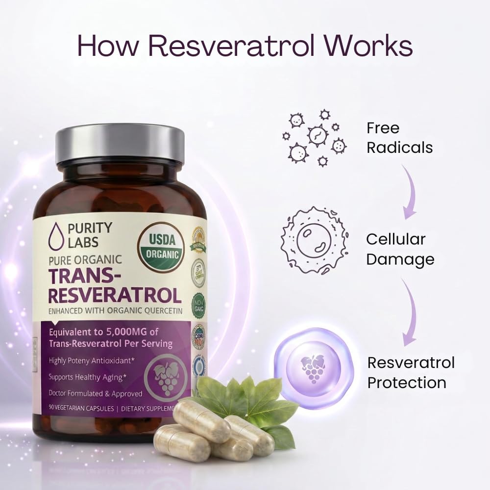 Purity Labs Trans-Resveratrol Supplement 5,000 mg Equivalent per Serving with Quercetin, USDA Organic High Potency Antioxidant, Purity Labs