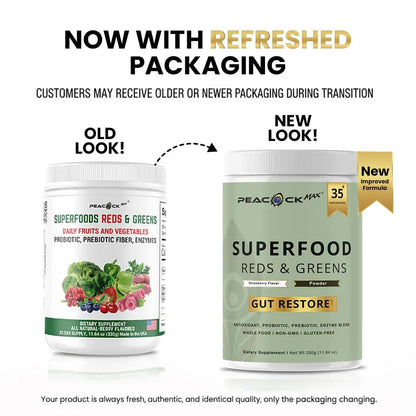 Superfood Reds & Greens Powder - 11.64 oz, Prebiotics & Probiotics for Digestive Health, Super Greens Powder with Ashwagandha for Gut Health, Immunity, Antioxidants, Peacock Max