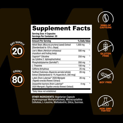 ONNIT Alpha Brain Black Label Capsules, IGEN Non-GMO Tested Citicoline Brain Supplement for Concentration and Memory, Lion’s Mane, Lutemax Lutein, L Theanine and Mucuna Pruriens, 80 Count