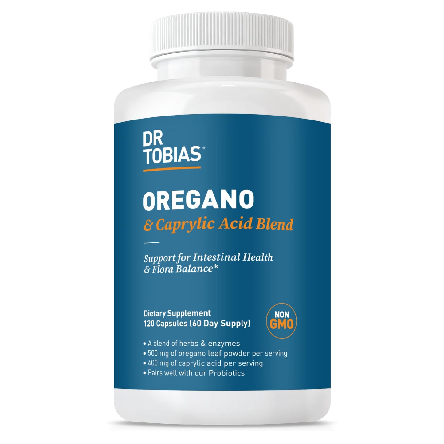 Dr. Tobias Oregano and Caprylic Acid Blend, Gut Flora Balance Complex with Probiotics & Enzymes for Intestinal and Immune Support, Gut Health Supplements for Women & Men, 60 Capsules, 30 Servings