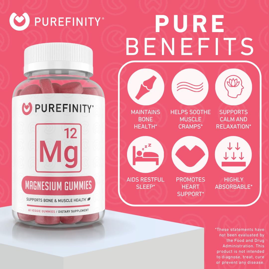 PUREFINITY Magnesium Gummies – Supplement for Sleep, Muscle Recovery, Cramps, Bone, and Energy Support – Non-GMO, Allergen Free, Vegan (60 Gummies)