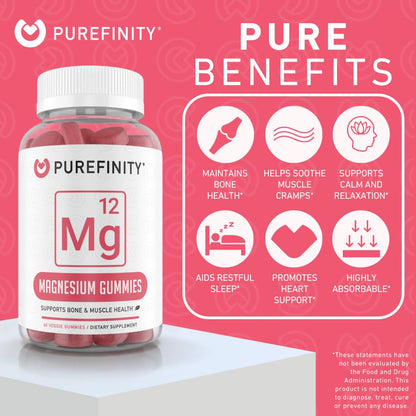 PUREFINITY Magnesium Gummies – Supplement for Sleep, Muscle Recovery, Cramps, Bone, and Energy Support – Non-GMO, Allergen Free, Vegan (60 Gummies)