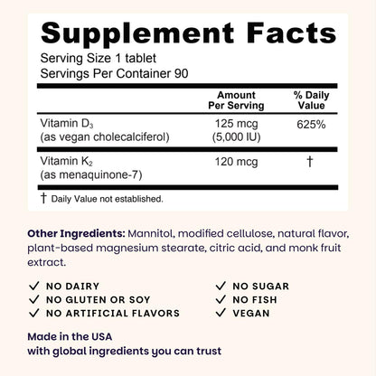 EZ Melts Dissolvable Vegan Vitamin D3 + K2 5,000 IU - Bone & Heart Health Support - Immune Function Support - No Artificial Flavors - Non-GMO - Green Apple EZ Melts