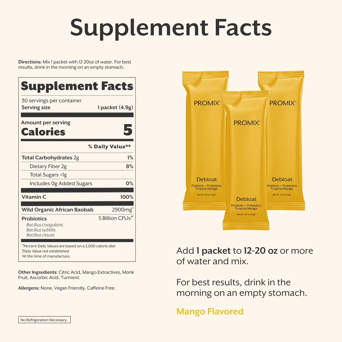 ProMix Nutrition Debloat Prebiotics and Probiotics Immune Support Supplement for Digestion, Cortisol Health, Gut Cleanse - Mango - 30 Servings (Pack of 30) ProMix Nutrition