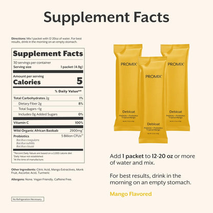 ProMix Nutrition Debloat Prebiotics and Probiotics Immune Support Supplement for Digestion, Cortisol Health, Gut Cleanse - Mango - 30 Servings (Pack of 30) ProMix Nutrition