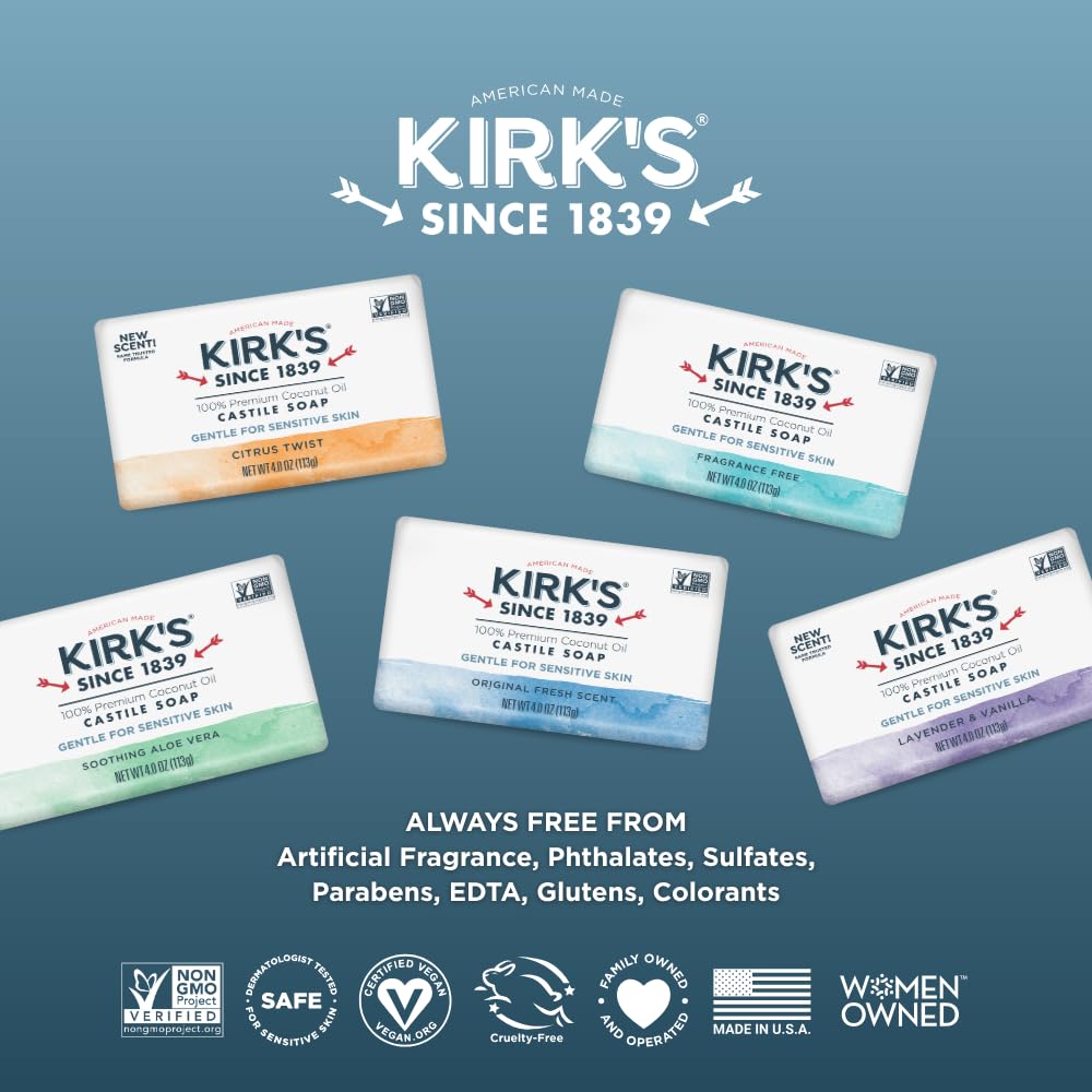 Kirk's Castile Bar Soap, Original Fresh Scent - Clinically Tested, Safe for Sensitive Skin with Coconut Oil, Vegan and Non-GMO - 4 oz Bars, 6 Pack and Fragrance Free Travel Bar Kirk's
