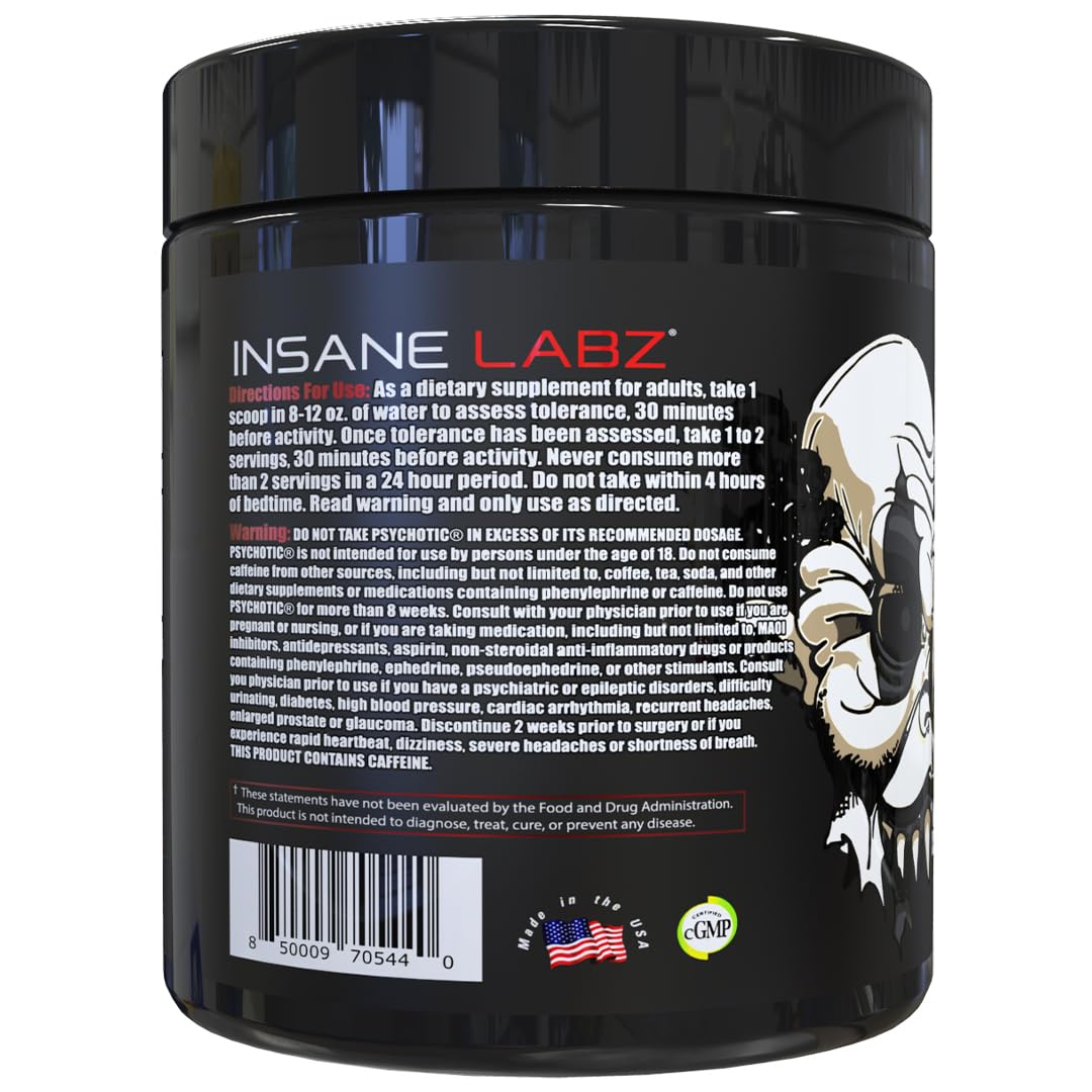 Insane Labz Psychotic Black Edition Mid Stimulant Pre Workout Powder, Energy Focus Pumps, Loaded with Creatine Beta Alanine Taurine Fueled by AMPiberry, 35 Servings (Blue Raspberry)