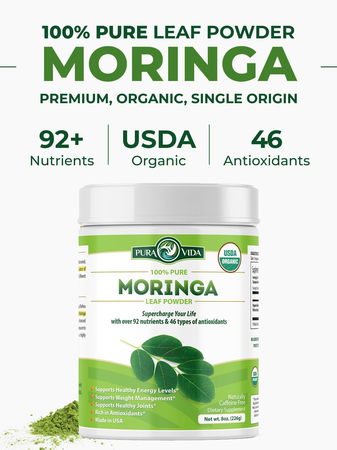 PURA VIDA MORINGA Organic Moringa Powder, Premium 100% Leaf Powder Single Origin - USDA Organic Moringa Oleifera Leaf PURA VIDA MORINGA