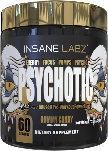 Insane Labz Psychotic Gold, High Stimulant Pre Workout Powder, Extreme Lasting Energy, Pumps and Endurance with Beta Alanine, DMAE Bitartrate, NO Booster (60 Servings, Gummy Candy)