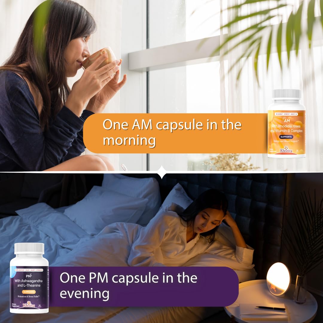 AM PM Multivitamin - Cortisol Supplements for Women and Men with L-Theanine, Ashwagandha - Rhodiola Rosea Supplement 200mg - Vitamin B Complex - Nootropics - Day and Night Vitamins for Women & Men Rhoziva buy australia supplements