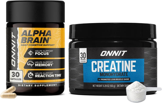 ONNIT Cognitive & Strength Performance Bundle: Alpha Brain Nootropic Capsules (30 Count) + Creatine Monohydrate Powder (30 Servings), IGEN Non-GMO Tested Focus, Strength & Lean Muscle – Pack of 2