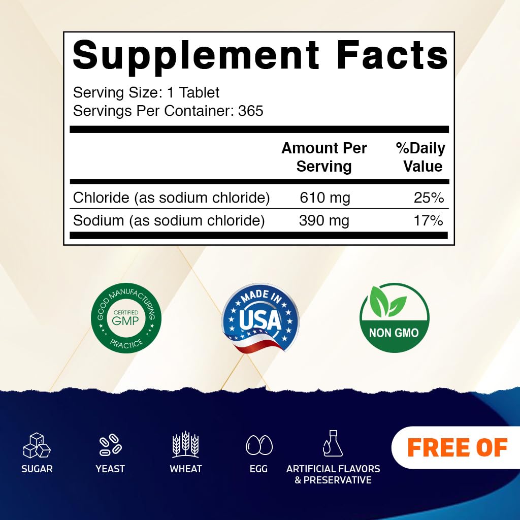 Vitamatic Sodium Chloride 1000mg – 365 Tablets Electrolyte Replenisher & Hydration Support – Non-GMO, Gluten-Free Vitamatic