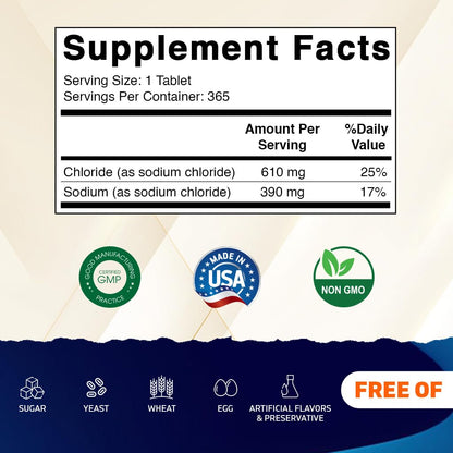 Vitamatic Sodium Chloride 1000mg – 365 Tablets Electrolyte Replenisher & Hydration Support – Non-GMO, Gluten-Free Vitamatic