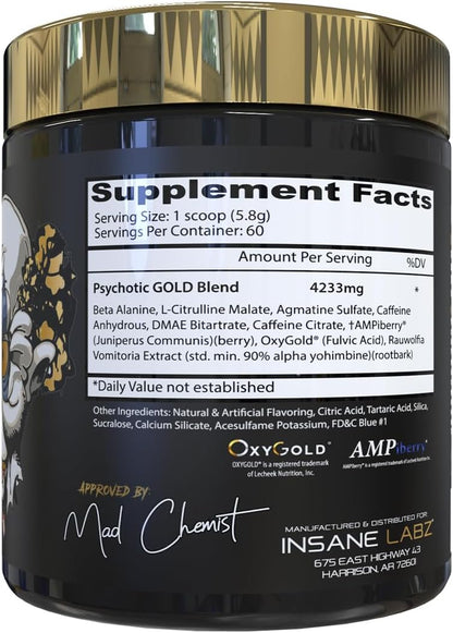 Insane Labz Psychotic Gold, High Stimulant Pre Workout Powder, Extreme Lasting Energy, Pumps and Endurance with Beta Alanine, DMAE Bitartrate, NO Booster (60 Servings, Gummy Candy)