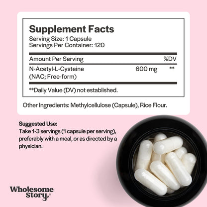 Wholesome Story NAC Supplement N-Acetyl-L-Cysteine 600 mg | Liver, Lung & Fertility Support | 120 Capsules | 120 Serving Supply