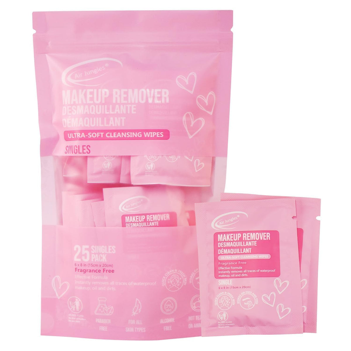 Air Jungles Pink Micellar Makeup Remover Wipes 25 Ct, Individually Wrapped Air Jungles
