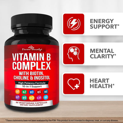 Divine Bounty Super B Complex Vitamins - All B Vitamins Including B12, B1, B2, B3, B5, B6, B7, B9, Folic Acid - Vitamin B Supplement Divine Bounty