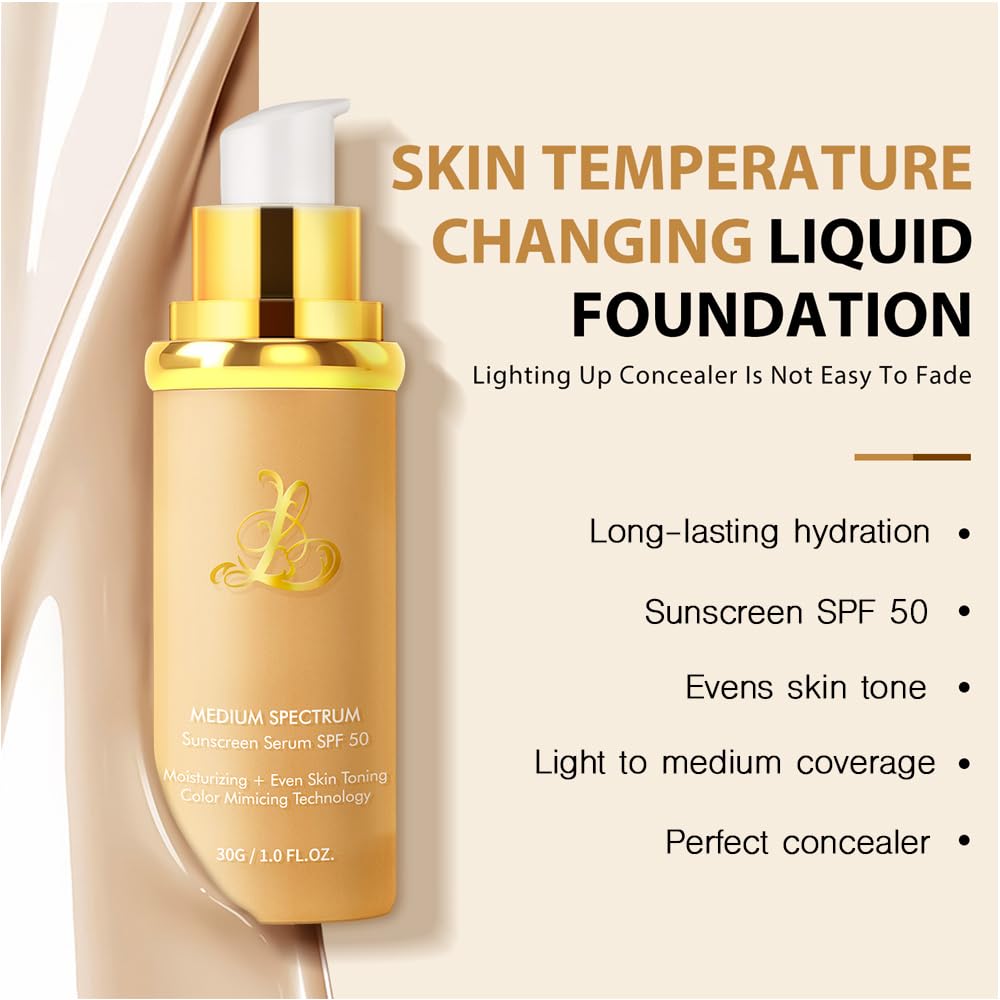 Foundation 4 in 1 - Color Changing Foundation, Medium Spectrum with SPF 50, Hypoallergenic Hydrating Liquid Concealer, Long-lasting & Waterproof Natural Finish - 1.0 fl oz VBEYD