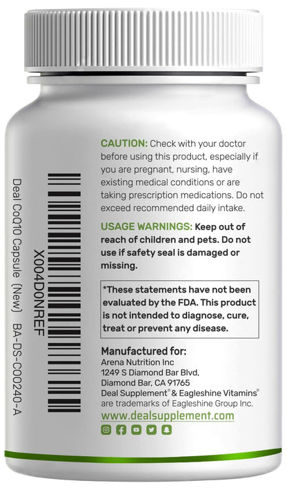 DEAL SUPPLEMENT CoQ10 100mg with Omega 3 100mg, 240 Capsules | Bioavailable Coenzyme Q10 Formula | Non-GMO DEAL SUPPLEMENT