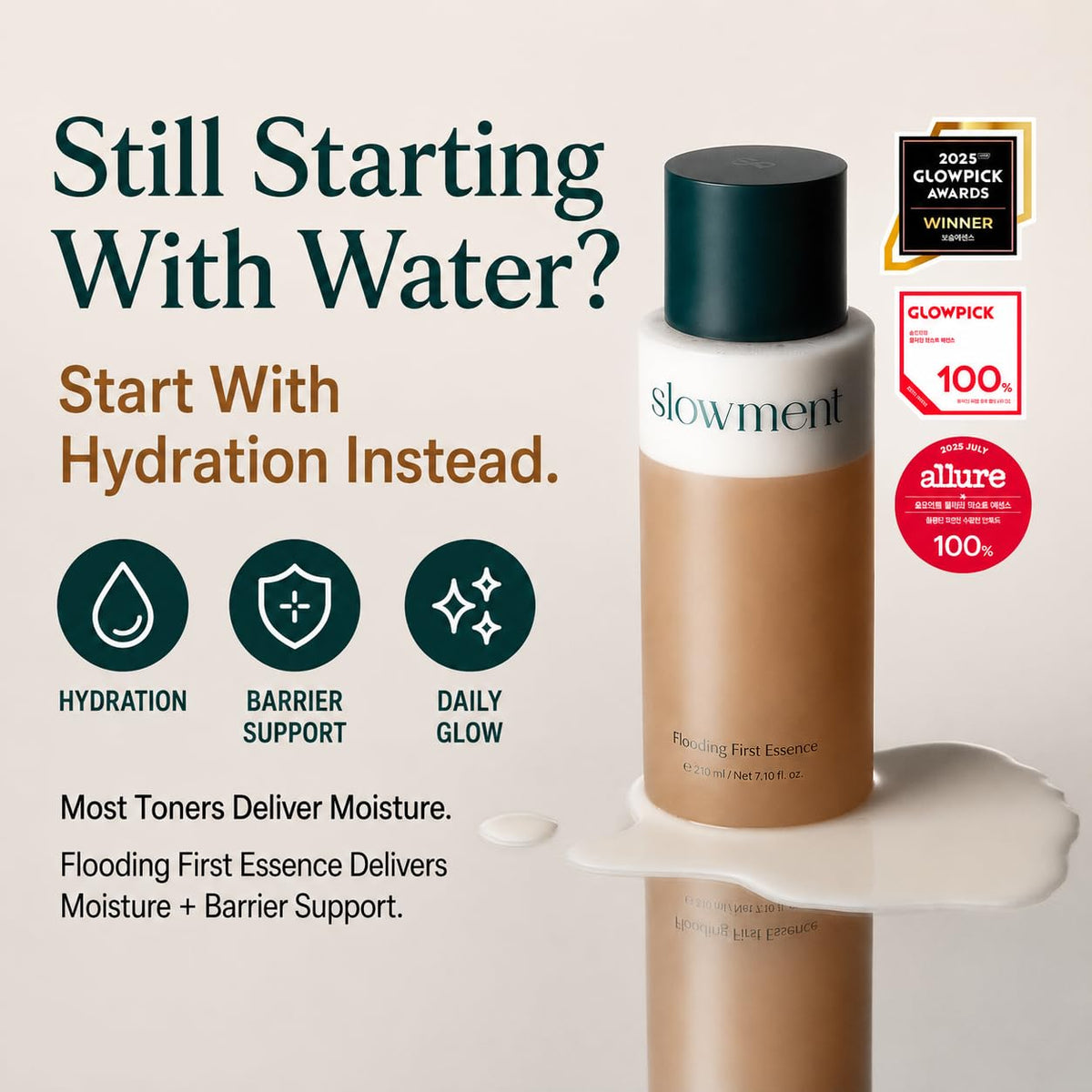 slowment Flooding First Essence – Korean Hydrating Facial Essence for Glass Skin, Lightweight First-Step Skincare for Dry & Sensitive Skin, Deep Moisture & Glow Booster, 210ml slowment