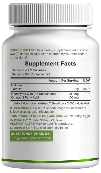 DEAL SUPPLEMENT CoQ10 100mg with Omega 3 100mg, 240 Capsules | Bioavailable Coenzyme Q10 Formula | Non-GMO DEAL SUPPLEMENT