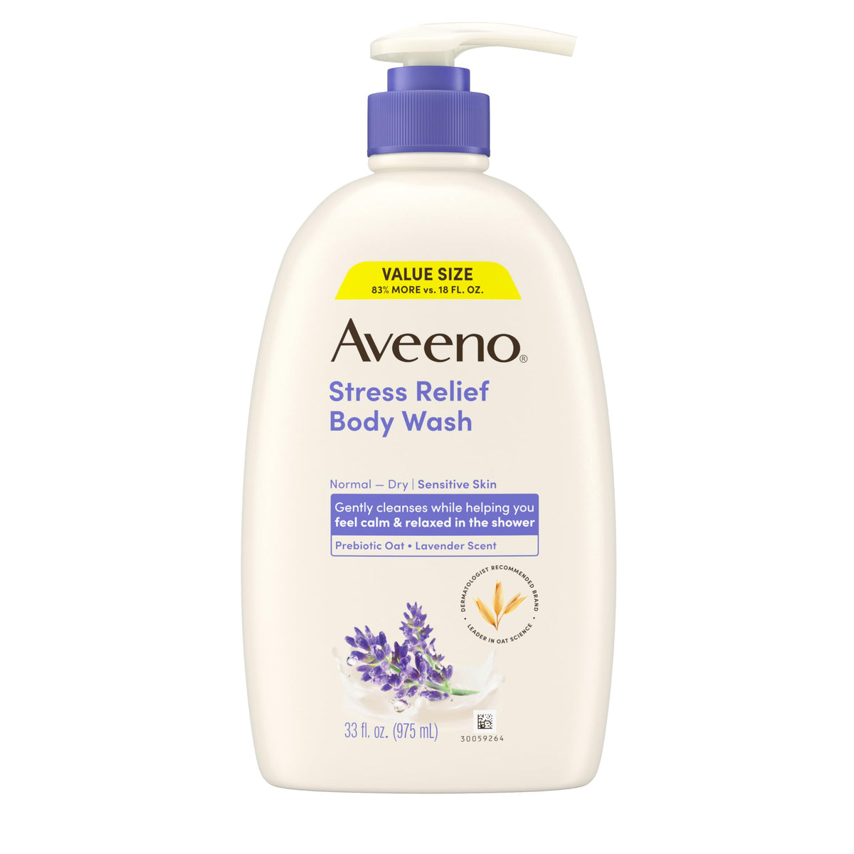 Aveeno Stress Relief Body Wash, Lavender Scent with Nourishing Prebiotic Oat, Sensitive Skin Body Wash for Normal to Dry Skin, Paraben-, Dye-, and Soap-Free, Value Size 33 Fl Oz Aveeno
